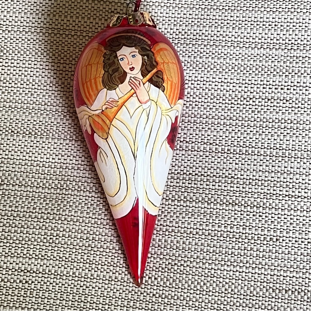 Vintage 1999 Angel Glass Ornament Hand Painted Inside Art By FIGI With Horn
